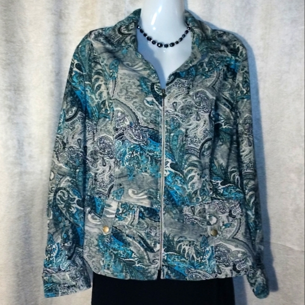 Green Paisley Print Zip Jacket Size L Christopher & Banks